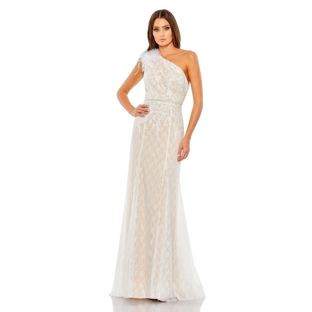 MAC DUGGAL 11317 NWT Lace Embellished Feathered One Shoulder Gown